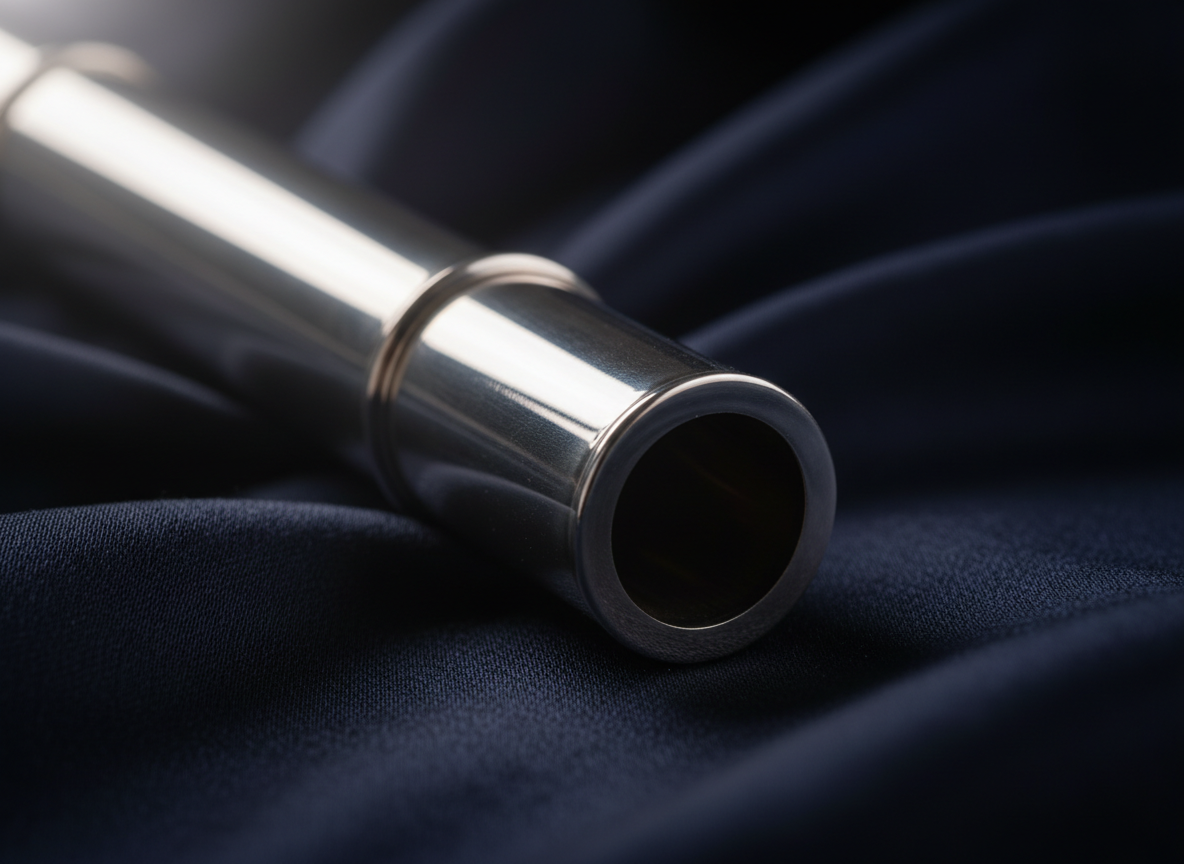 An intimate, detail-focused photograph of the R700H’s headjoint resting on a dark navy silk fabric, emphasizing the embouchure hole and lip plate. The solid silver surface shows delicate reflections of the fabric’s folds, with every curve and edge crisply defined. A single, diffused spotlight from above-left creates a luxurious glow on the silver, while the background falls into deep shadow for dramatic contrast. Captured from a low, side angle with extreme close-up framing, the composition celebrates precision, tone quality, and artisanal craftsmanship, evoking the quiet concentration of advanced musicians refining their sound with this exceptional instrument.