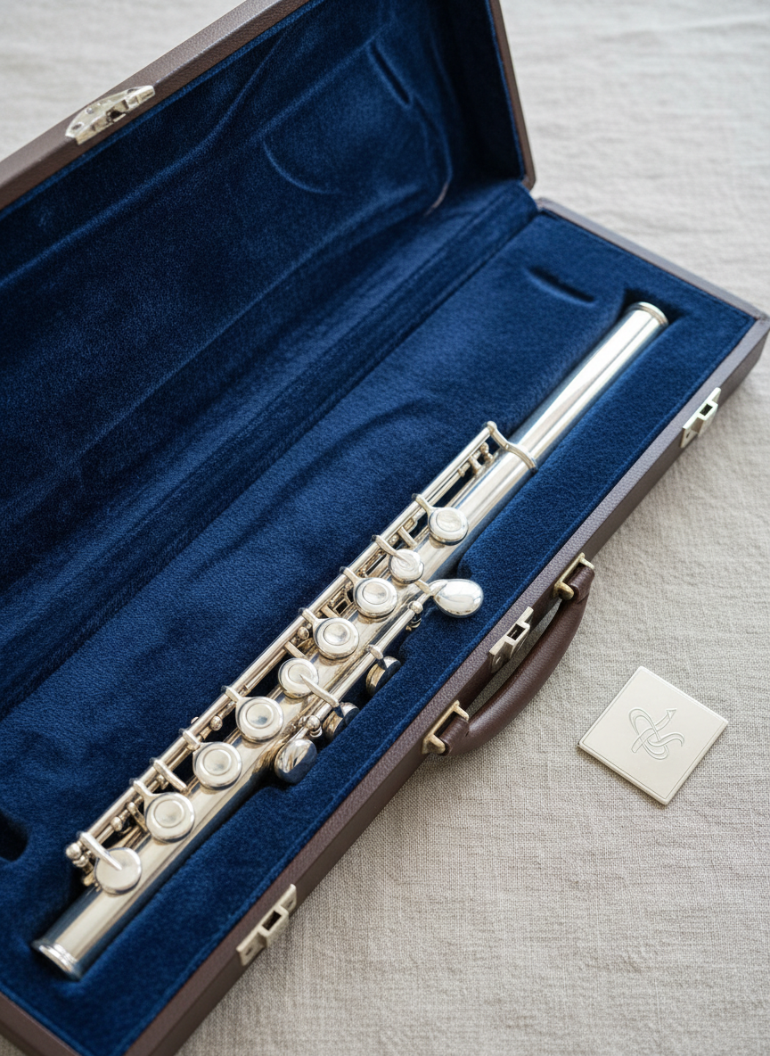 A polished, lifestyle-leaning product image of the R700H silver flute nestled inside its open, form-fitted case lined with luxurious dark blue velvet. The case rests on a neutral linen-covered surface, beside a small, elegant, non-text metal plaque bearing an abstract logo shape hinting at the founder’s story and brand identity. Soft, indirect daylight from a nearby unseen window washes across the scene, gently illuminating the silver keys and textured lining. Photographed from directly above with moderate depth of field, the composition is orderly and calm, suggesting heritage, care, and the promise of a long-term musical companion for serious players.