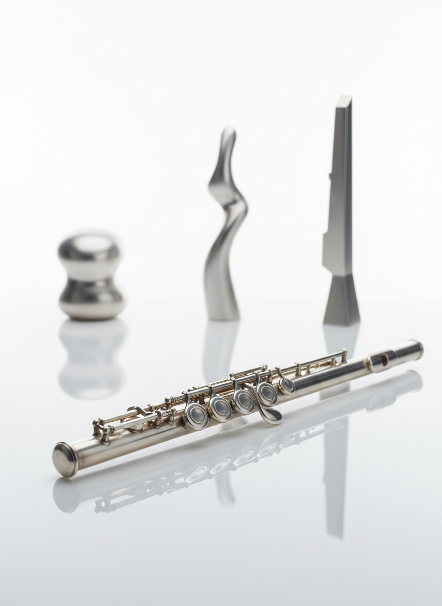 A refined studio photograph of the R700H silver flute arranged in a gentle curve on a glossy white acrylic surface. Underneath the flute, its reflection appears slightly softened, adding depth and dimension. In the background, out of focus, stand three simple, sculptural forms in brushed metal, each subtly suggesting stages of a musical journey from student to professional without depicting people. Bright, even studio lighting from above ensures every key, rod, and post is clearly visible, highlighting the flute’s meticulous engineering. Shot from a slightly elevated angle with sharp focus throughout, the composition feels clinical yet elegant, ideal for explaining technical features and mechanism clarity.