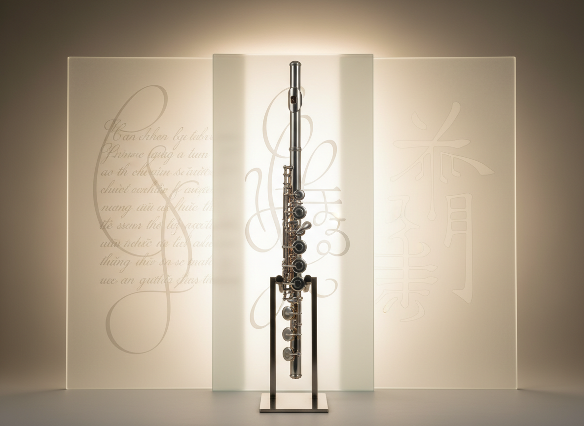 A carefully composed photographic still life featuring the R700H silver flute standing vertically on its footjoint, supported by an elegant, minimalist stand in the foreground. Behind it, slightly blurred, are three overlapping, translucent panels in soft neutral tones subtly etched with abstract shapes reminiscent of English, Vietnamese, and Chinese characters, symbolizing multilingual support without using readable text. Directional studio lighting from behind the flute creates a halo-like rim light that outlines its silhouette, while a softer fill light from the front reveals the fine keywork. Shot at eye level with a centered, symmetrical composition, the mood is sophisticated, global, and forward-looking, emphasizing the brand’s international presence.
