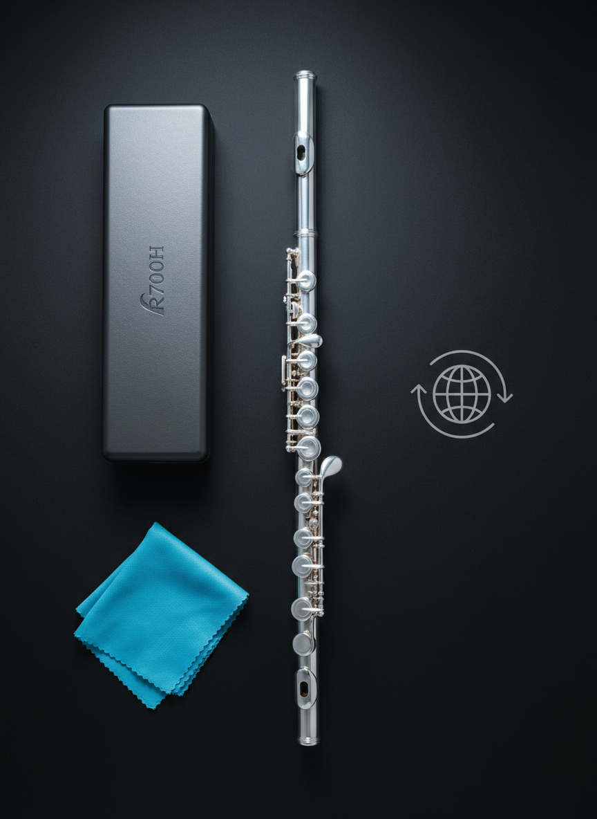 An elegant product flat-lay of the R700H silver flute disassembled into headjoint, body, and footjoint, arranged with precision on a smooth, matte black background. Nearby sit refined accessories: a high-quality flute case, a microfiber polishing cloth, and a discreet international shipping label icon rendered as a simple, non-text graphic. Cool, controlled studio lighting emphasizes the craftsmanship of each silver component, casting crisp yet soft-edged shadows. Shot directly from above for a clean e-commerce feel, the composition is symmetrical and balanced, with photographic realism that highlights global availability and professional-grade build quality in a sophisticated, minimalist style.