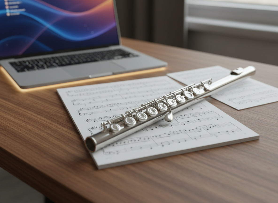A photographic scene of the R700H silver flute resting on an open, blank sheet music notebook, its gleaming keys crossing the empty staves. The notebook lies on a warm, walnut desktop beside a sleek, modern laptop showing a soft-focus, abstract screen pattern suggesting online ordering and international payment without readable text. Natural window light from the right mixes with subtle ambient desk lighting, creating a gentle interplay of warm and cool reflections on the silver surface. Captured from a three-quarter overhead angle with a shallow depth of field, the image feels aspirational and modern, hinting at a musician planning their next step in an elevated musical journey.