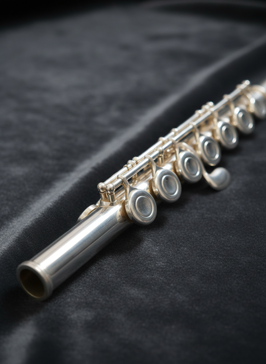 A close-up photographic image of the R700H silver flute resting diagonally on a deep charcoal velvet cloth. The solid silver headjoint, body, and footjoint gleam with a mirror-like polish, keywork meticulously defined, pads and posts sharply rendered. Soft studio lighting from the left creates elegant highlights along the tube and subtle reflections in each key cup, while the background falls into a gentle, sophisticated blur. Shot at a slightly elevated angle with a shallow depth of field, the composition centers on the embouchure hole and first few keys, conveying luxury, precision engineering, and a refined, professional atmosphere suitable for a premium instrument brand homepage.