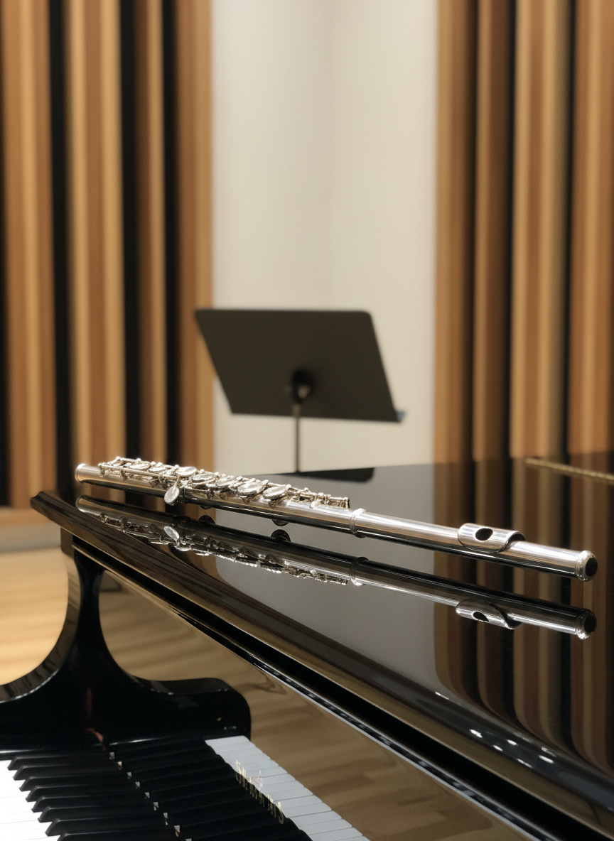 The R700H silver flute placed on a dark, lacquered grand piano lid in a minimalist concert hall interior. In the distance, out of focus, stand an empty black music stand and tall acoustic wooden panels, hinting at a professional performance setting without showing people. Soft, diffused stage lighting from above creates a silvery sheen along the flute’s headjoint, body, and footjoint, with delicate reflections on the polished piano surface. Photographic realism with a clean, modern aesthetic, captured at eye level using the rule of thirds to position the flute slightly off-center, evoking a calm, anticipatory mood as if just before an international recital.