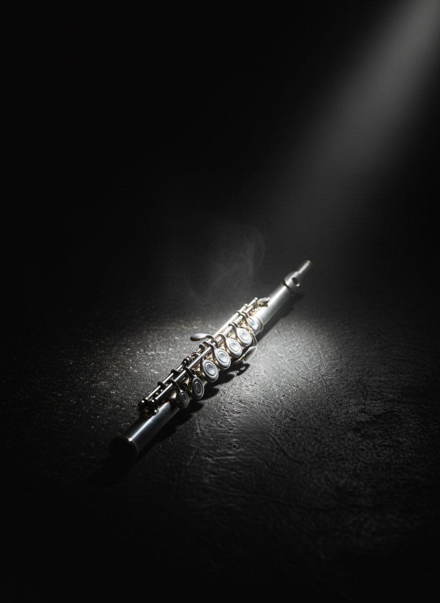A moody, stage-inspired photograph of the R700H silver flute positioned on a black, textured stage floor, with a single spotlight beaming down from the upper right. The instrument lies at a slight angle, keys catching the brilliant white light, while the rest of the stage recedes into rich, velvety darkness. Wisps of subtle, low-lying theatrical haze catch the light near the headjoint, adding atmosphere without clutter. Shot from a low, three-quarter angle, the composition uses the rule of thirds to give the flute room to “project” into the frame, visually echoing its powerful projection and clarity for professional performance environments.